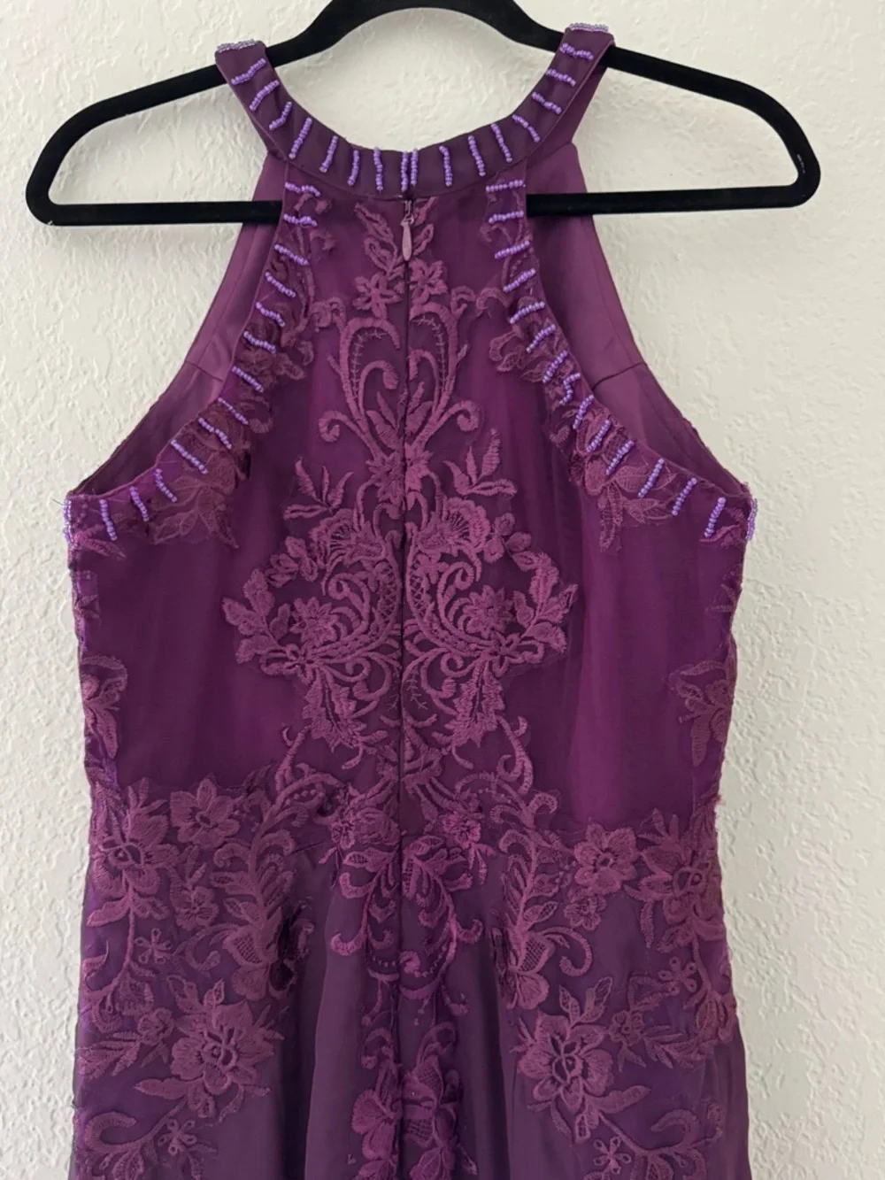 Plum Purple Lace Appliqué Beaded Halter Gown |  Formal Dress | Wedding Guest - Picture 10 of 13